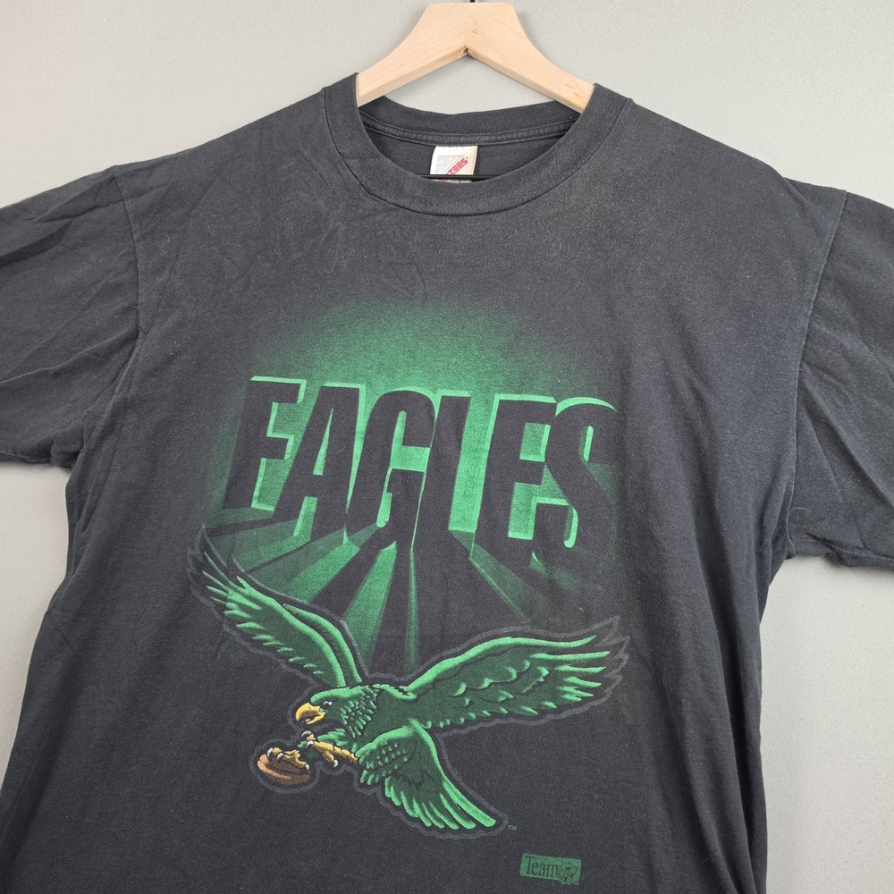 Vintage 90s Philadelphia Eagles T Shirt Men L Black Kelly Green Team NFL Jerzees